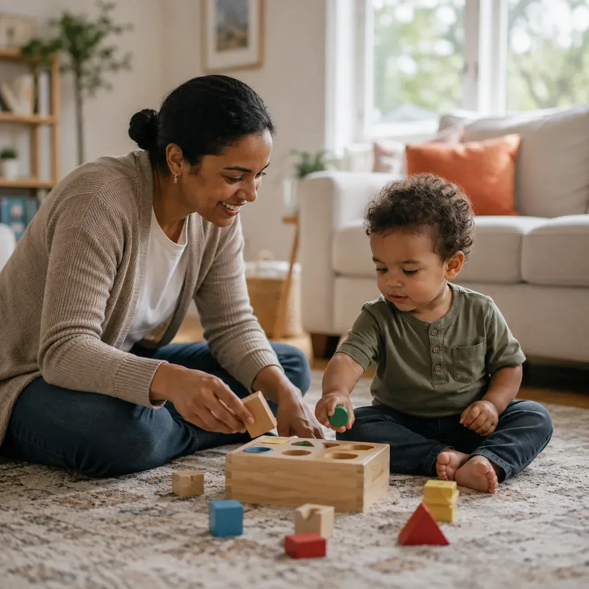 Clinician and toddler playing together on the living room floor during a home-based ABA therapy session with First Steps Developmental Services in Woburn, MA.