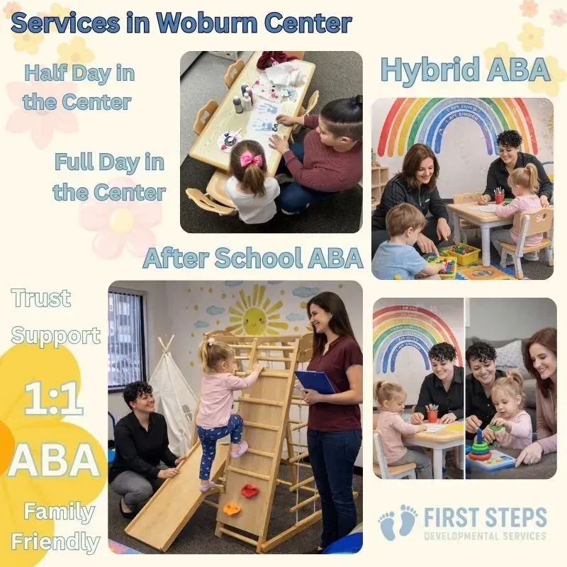 Play-based ABA therapy session for young children at First Steps Developmental Services in Woburn