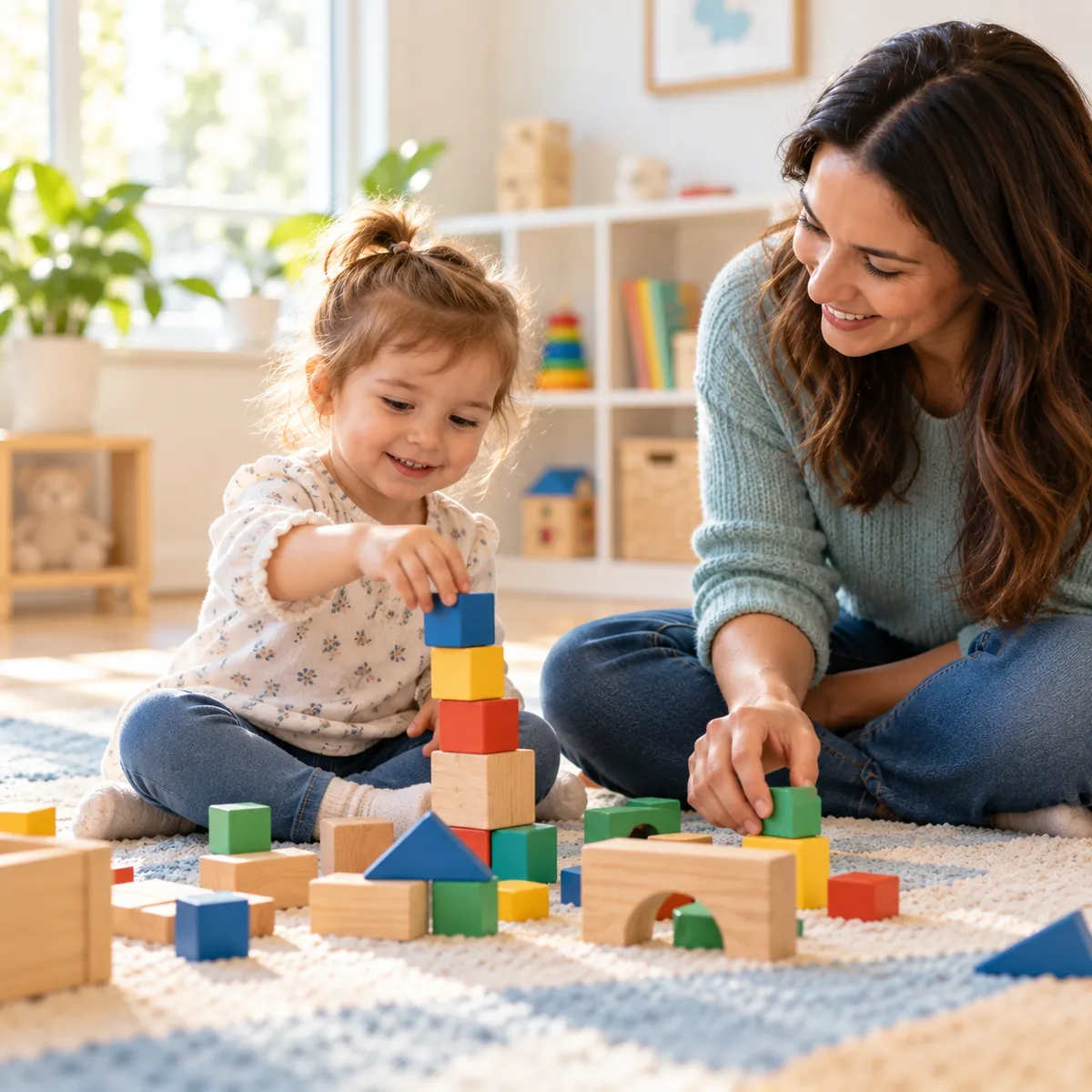 Toddler stacking colorful wooden blocks with a smiling woman in a bright playroom — ABA therapy after Early Intervention in Massachusetts