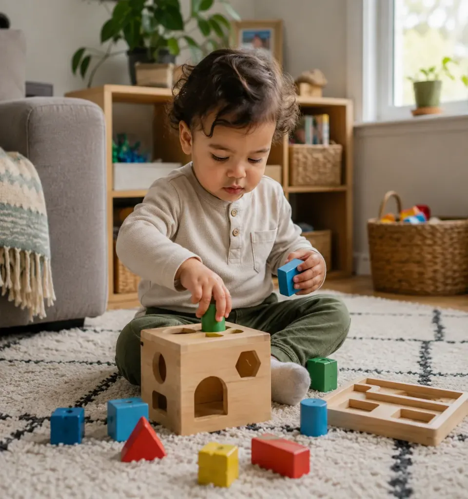 Toddler playing independently with a wooden shape sorter on a living room rug during home-based ABA therapy with First Steps Developmental Services in Woburn, MA