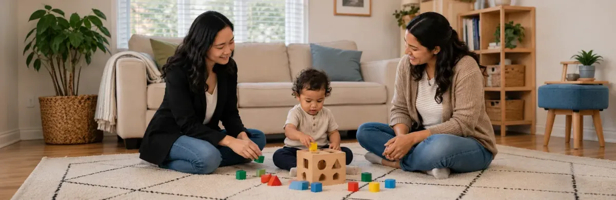 Parent and clinician sitting on the floor with a toddler during an in-home ABA session — caregiver coaching from First Steps Developmental Services in Woburn, MA