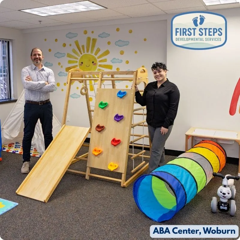Bright team play area with colorful materials supporting group activities and child-led therapy at First Steps ABA Therapy Center in Woburn