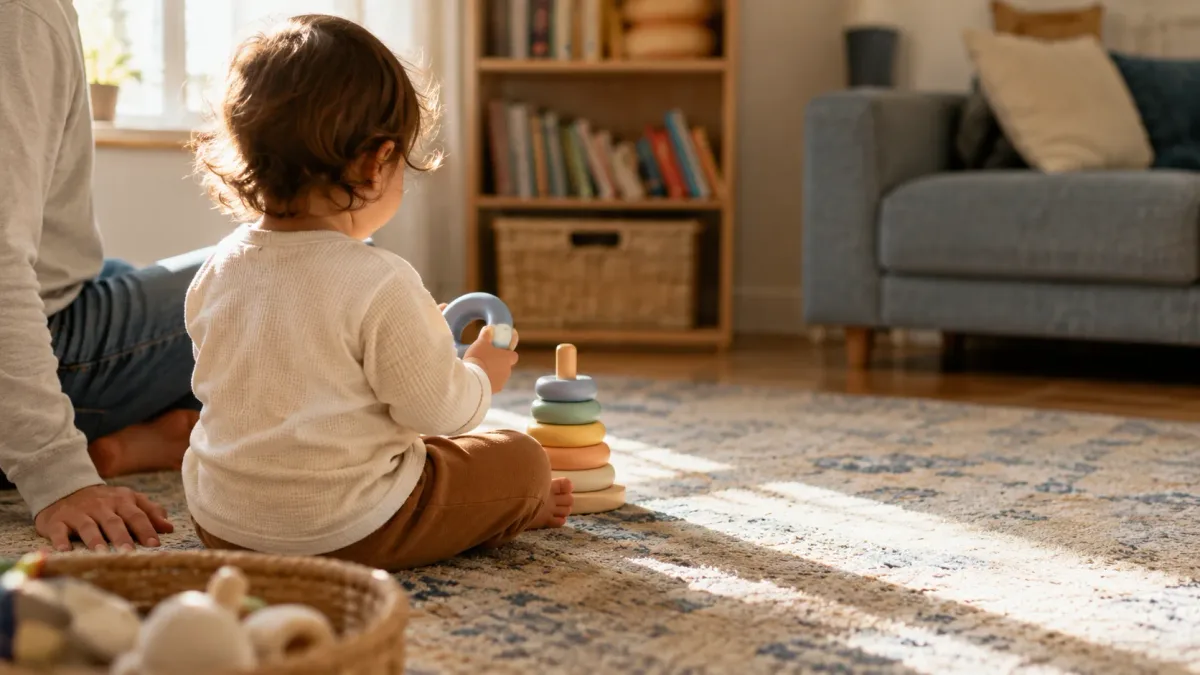 Toddler stacking rings with an adult during in-home ABA therapy